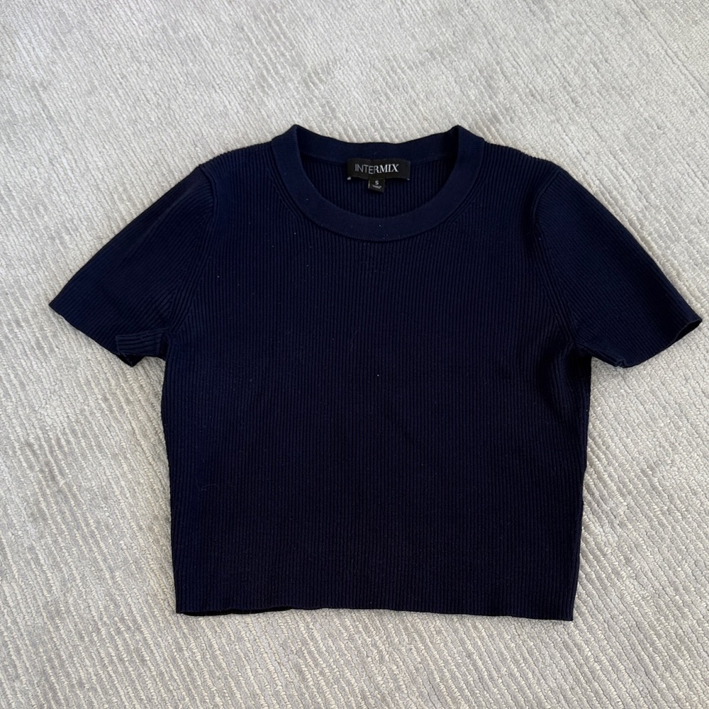 INTERMIX Navy Ribbed Crewneck Crop Top